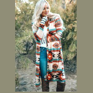 Womens Boho Long Sleeve Open Cardigan Sweater Geo Aztec Rust Teal Beige